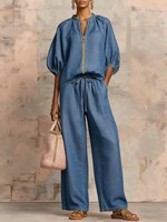 Conjunto de Dos Piezas para Mujer, Color Sólido, Estilo Casual, Holgado, Transpirable, con Top de Media Manga y Pantalones con Cordón, Ideal para Vacaciones