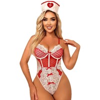 Kostum Perawat seksi pita renda merah muda untuk wanita hadiah Malam Bulan Madu
