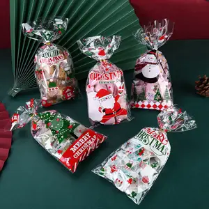 Bolsas de celofán de Navidad, bolsas de plástico de Goodie de caramelo con corbatas para regalo de Navidad, suministros de fiesta, venta al por mayor