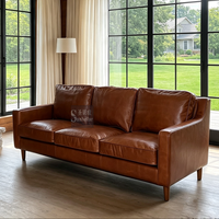 Canapé 3 places en cuir véritable marron vintage, style mid-century modern, cuir de vachette, canapé de salon, pieds en bois massif, canapé en cuir rétro