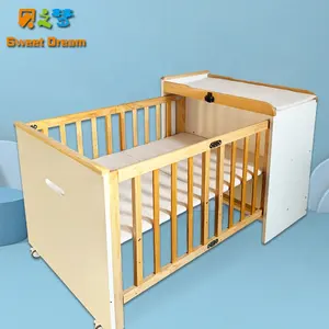 High quality natural adjustable solid wood pine baby crib new design multifunctional twin baby bed crib