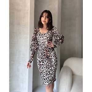 Robe moulante mi-longue à imprimé léopard, col rond, taille naturelle, tissu tissé, robes de soirée décontractées - Product Image 3
