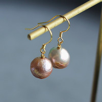 Boucles d'oreilles baroques en or véritable, perles baroques roses naturelles, eau douce, 10-12mm, vente en gros, nouvelle collection
