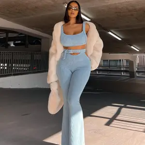 2023 latest sexy women 2 piece sets high quality female women summer outfits for ladies knitted tank top and flared trousers