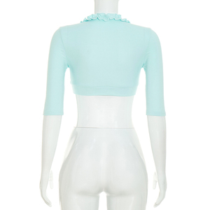 Viviblook C26TP273 T-shirt pour femme, nouveau modèle, col en V, boutonné, couleur unie, coupe ajustée, décontracté, crop top pour femme - Product Image 2