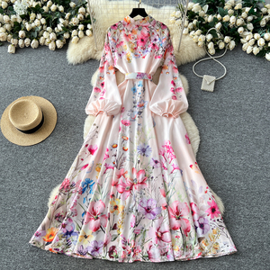 Verano Vintage túnica vendaje Casual Maxi vestido para mujer linterna manga imperio impreso vestido - Product Image 6