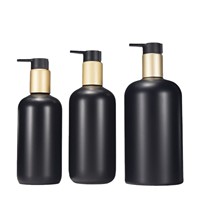 Botellas de PET Boston Redondas, Esmeriladas, Negras Mate, de Lujo, de 250ml, 300ml y 500ml, con Bomba Dosificadora Dorada para Champú y Gel de Baño