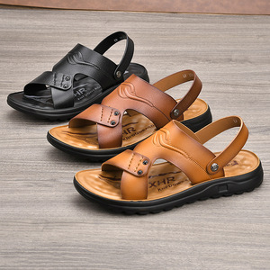 Xhr Sandales à lanières croisées en cuir véritable pour hommes, chaussures d'extérieur décontractées à bout ouvert, semelle en caoutchouc antidérapante, taille 40-45 - Product Image 1