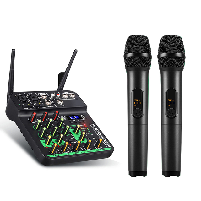 Professional 4-Channel DJ Audio Mixer with 2 UHF Wireless Microphone Metal and Plastic Material for Karaoke
