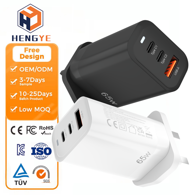 Portable 65W Fast PD Charger 2 Type-C 1 USB Ports OCP Protection QC3.0 Universal GaN Charging Adapter for Home Office