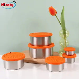 Silicone Lid Lunch Box Container Stackable Snack Round Food Containers 4 Pcs Stainless Steel Metal Lunch Box Sets