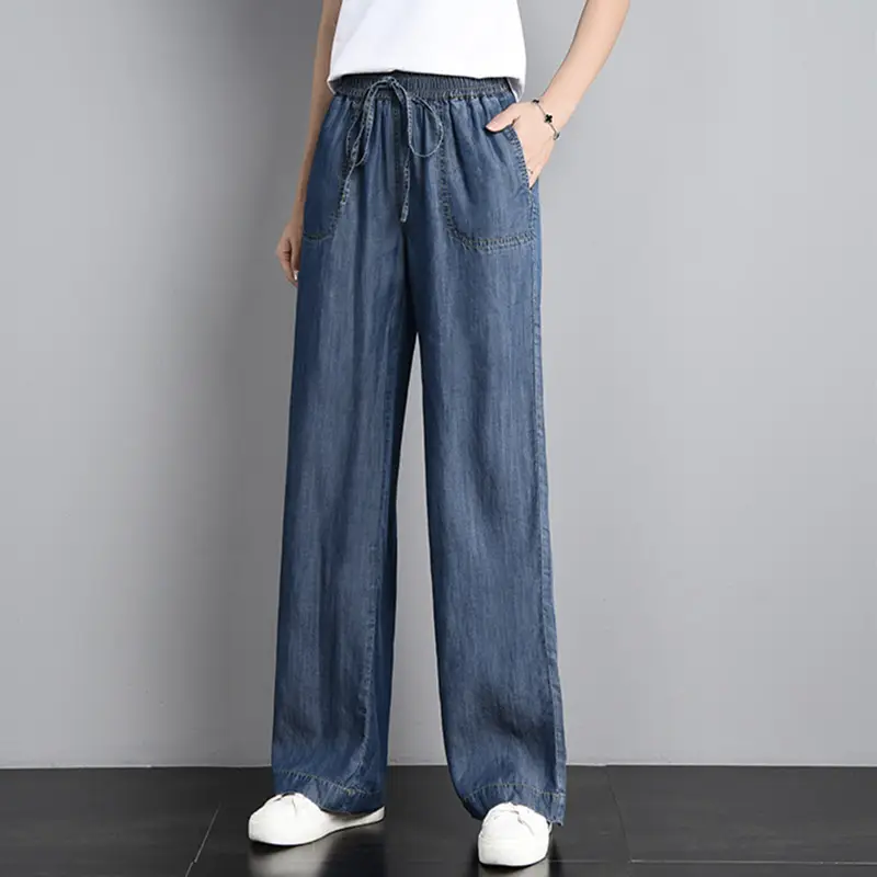 Venta al por mayor de jeans denim hecho en china alta cintura azul suelto ancho jeans pantalones para las mujeres