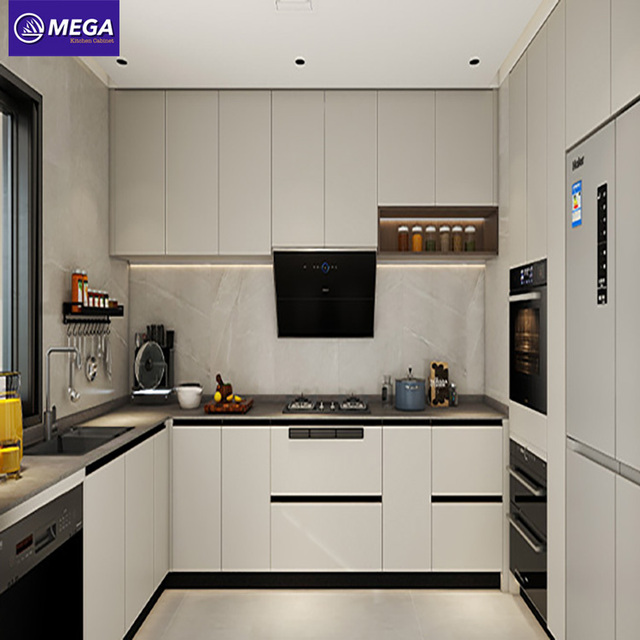Modern Light Handleless Kitchen Cabinets MDF Doors Moisture Resistant Particle Board Custom Built-In Units Kitchen Cabinet Sets