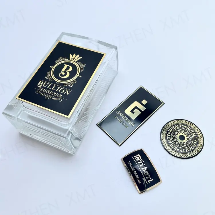 Alta classificação marca personalizado Embossed Metal Perfume garrafa corpo pacote impressão Etiqueta Marca registrada ou adesivo ad logotipo design