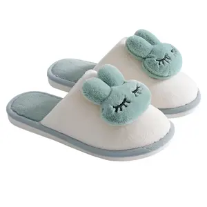 Hot Soft Upper Winter Cotton Ladies Plush Slippers Cartoon Animal Print Rabbit Flat Sandals Thermal Anti-slip Women Shoes