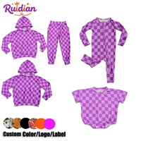Combinaison pour bébé en viscose de bambou à carreaux violets, en stock, impression personnalisée, barboteuse pour tout-petit, tenue quotidienne, tenues de vacances personnalisées