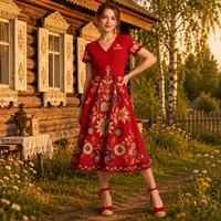 Robe Midi Femme en Coton Coupe Évasée Style A-Line Imprimé Floral Folklorique Slavique Héritage Russe Artistique Bohème Vente en Gros Logo Personnalisé OEM