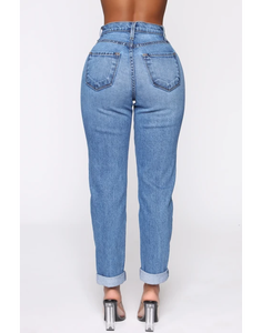 High Waist <strong>Turn</strong> <strong>up</strong> Hem Pants Fashion Washed Mom <strong>Jeans</strong> for Lady Straight Let <strong>Jean</strong> - Product Image 4