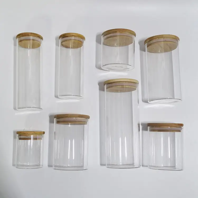 Hitze beständige klare runde Glaswaren luftdicht versiegelt benutzer definierte Größe Küche Lebensmittel große 1000ml Behälter Holzdeckel Glas Glas Lagerung