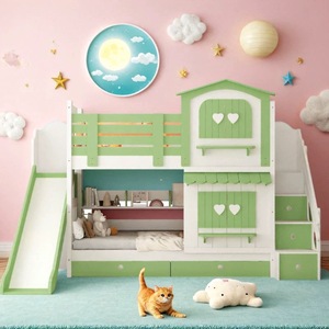 Cama Infantil Personalizada JINS de MDF con Tobogán, Cama Superior e Inferior, Diseño de Castillo de Princesa Rosa, Cama Tipo Casa de Árbol para Dormitorio, Cómoda - Product Image 3