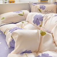 Ensemble de housse de couette et de drap de lit en polyester froissé imprimé floral violet Queen 4 pièces bon marché