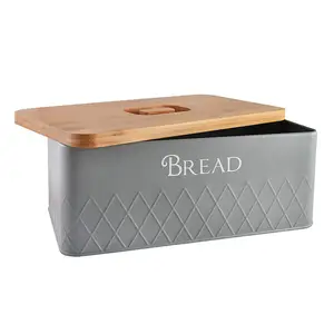 Food Box Canister Set Metal Case Bread Bin Box Stainless Steel Kitchen Decoration Metal Bread Box with Wood Lid