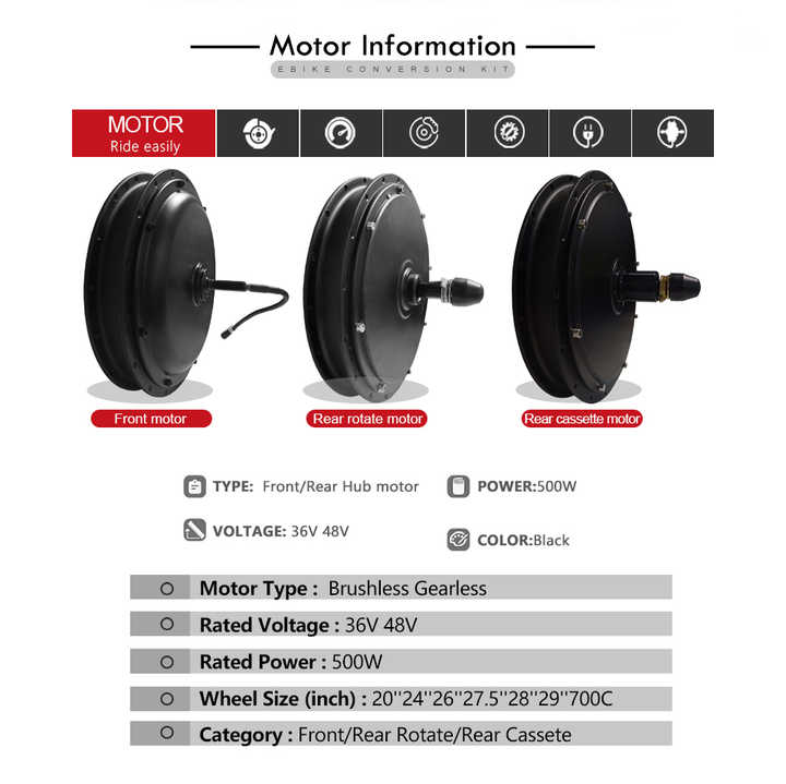 Moteur Roue Arrière Vélo électrique 36V 500W Brushless - Moyeu Sans Engrenage - Neuf Pour Conversion