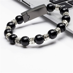 Fashion Couple <b>Beaded</b> <b>Bracelet</b> Black Zinc Alloy USB Charging Cable Unisex Wristband - Product Image 2