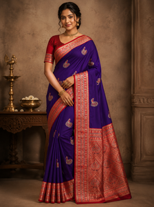 Exclusive Silk Saree with <b>Blouse</b> Piece Purple Silk Saree With Peacock Embroidery <b>Red</b> Border For Wedding Wear - Product Image 1