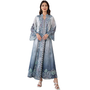 Elegante Abaya de Poliéster Bordada <span class=keywords><strong>para</strong></span> <span class=keywords><strong>Mujer</strong></span> Musulmana, Larga hasta el Suelo, Cuello en V, Estampado Floral, Ecológica, con Pedrería - Product Image 1