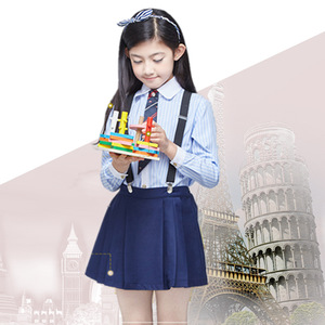 ชุดนักเรียนเด็ก เสื้อเชิ้ตลายทางสีน้ำเงิน กระโปรงเอี๊ยม กางเกงผ้าฝ้ายอ๊อกซ์ฟอร์ด ชุดแสดงฤดูใบไม้ผลิฤดูร้อน - Product Image 4