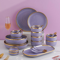 Service de table en céramique de haute qualité, style nordique, violet avec bord doré, assiettes plates modernes européennes durables, sans plomb