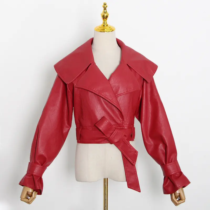 Fall Winter Spring Solid Color Fashion Motorcycle Streetwear Women Jacket Pu Leather Bow Long Sleeve Thick Short Females Coat