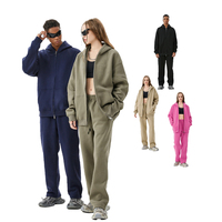 Ensemble de survêtement personnalisé 345 g/m² sans cordon de serrage, en molleton épais de coton pour homme, style streetwear, avec sweat à capuche zippé et pantalon de jogging oversize