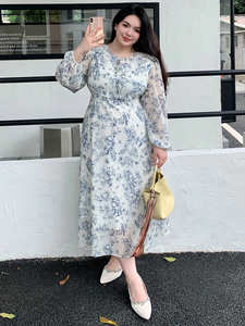 Vestido Maxi Elegante con Estampado Floral Completo Dazy Plus, Vestido Casual de Gasa de Manga Larga para Primavera, Verano y Otoño, Lavable, Estilo Dulce - Product Image 4