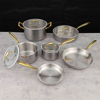 Set Peralatan Masak Stainless Steel Tri-ply 10 Buah Profesional Konstruksi Kelas 304 Set Panci dan Wajan Induksi untuk Semua Jenis Kompor