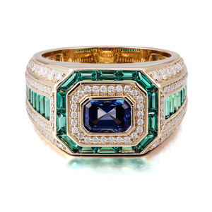 Bague de fiançailles pour homme en or massif 18K 14K 10K jaune, avec pierres précieuses certifiées GRC bleues et vertes, nouveau design personnalisé, bijoux fins - Product Image 1