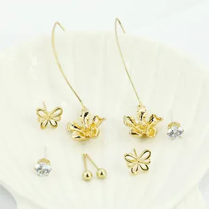 Gold Metal Butterfly Stud Flower Pendant Long Drop Earring Gold Stud Earing Jewelry Set For Women