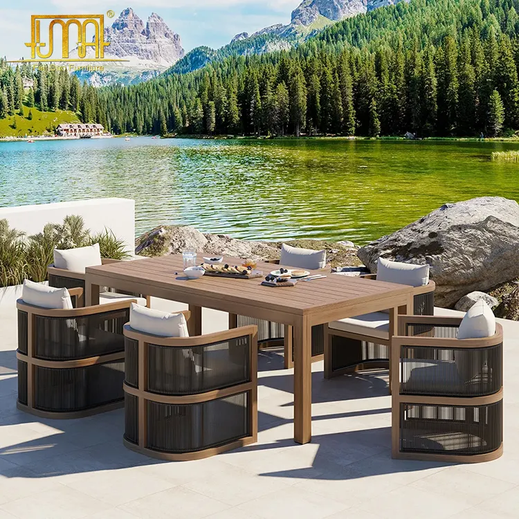 Teak Top Table and Rope Woven Armchair 7 Pieces Outdoor Dining Set