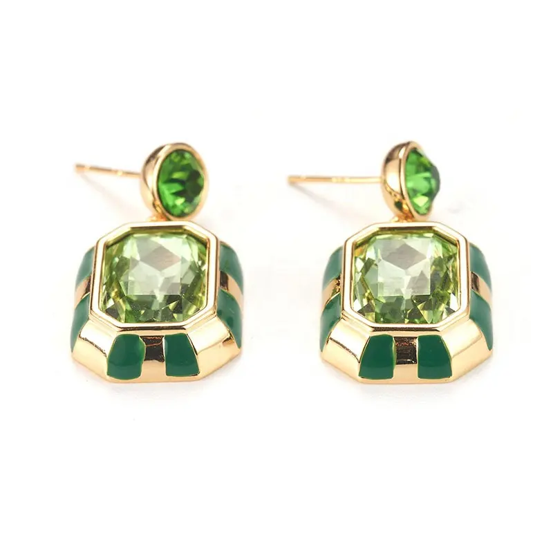 Yeni sıcak satış vintage 18K altın kaplama yeşil geometrik kristaller hipoalerjenik moda vintage saplama küpe kadınlar için