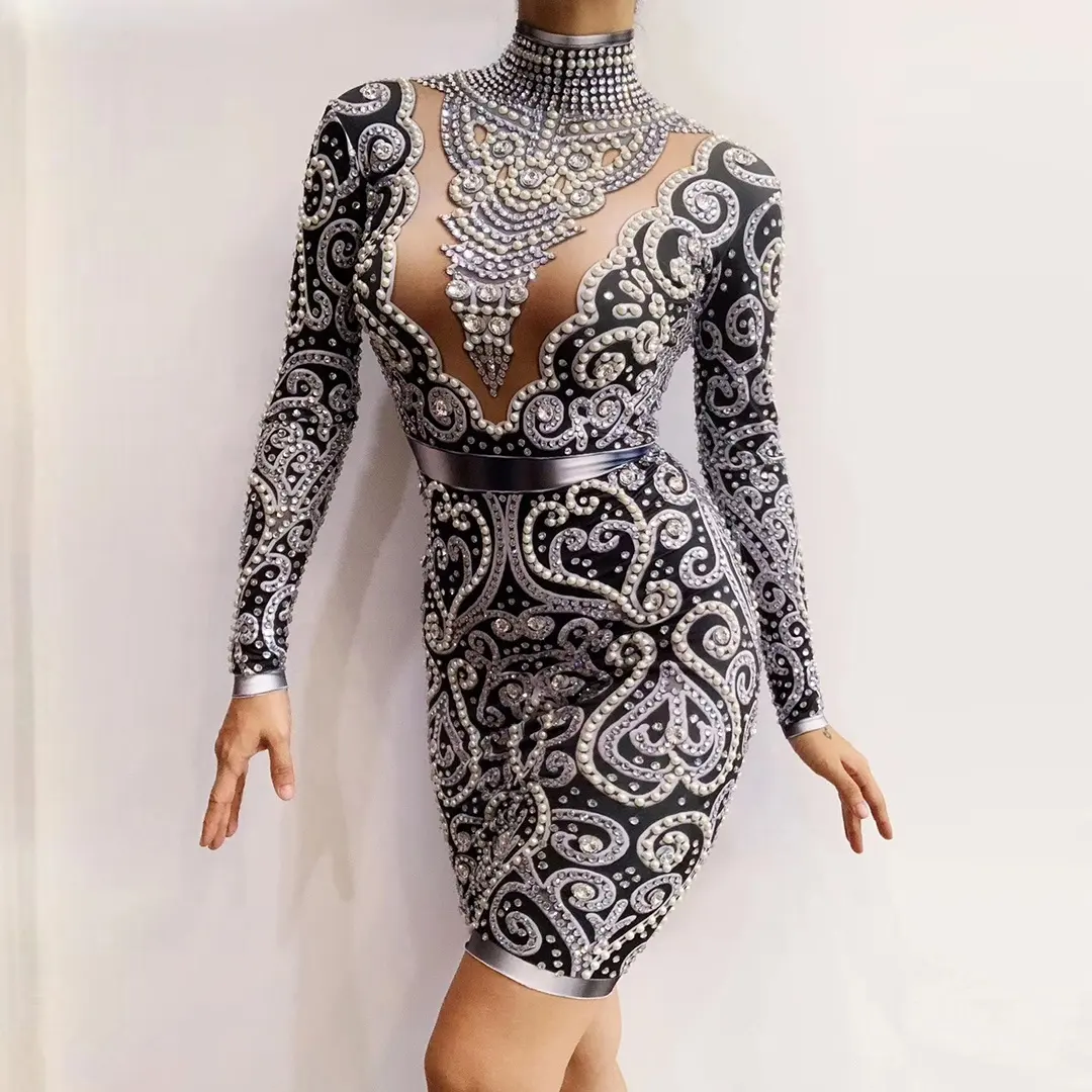 Elegant Long Sleeved Pearl Rhinestone Dinner Gown Mini Birthday Party Dress Wedding Guest Bodycon Dress Women Sexy Club Dress