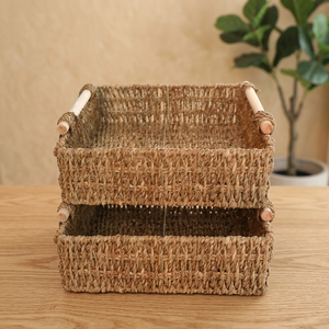 Cesta de Almacenamiento Rectangular de Mimbre Natural con Asas, Contenedor Organizador Rústico Multiusos - Product Image 2