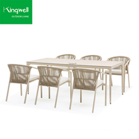 Ensemble de salle à manger d'extérieur 6 places avec structure en aluminium, table et chaises en corde pour terrasses de restaurants et complexes hôteliers