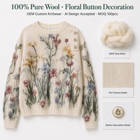 Pull en Laine Pure Personnalisé OEM pour Femme avec Boutons Floraux – Vente en Gros, Tricotage, Marque Privée, Faible MOQ, Échantillon Rapide, Commande en Gros