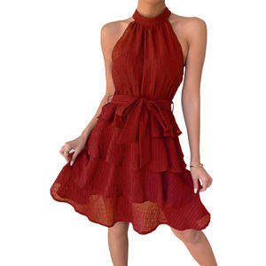 <span class=keywords><strong>Robe</strong></span> Mini Élégante pour Femme à Col Halter et Volants, Sans Manches, Taille Nouée, Coupe Trapèze, Idéale pour Soirées Estivales, Cocktails et Tenues Décontractées - Product Image 3