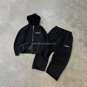 Ensemble de survêtement personnalisé 100 % coton, coupe oversize, épais, avec veste à fermeture éclair double sens, pantalon de survêtement et sweat à capuche, ensemble 2 pièces pour homme - Product Image 1