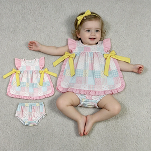 New Patchwork Design Ruffle Bloomer Set with Yellow Bow 2-piece Baby Girl Outfit Summer <b>Clothes</b> Sweet Style for Baby Girls - Product Image 1