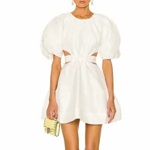 Vestido blanco liso elegante de manga abombada para mujer, venta al por mayor