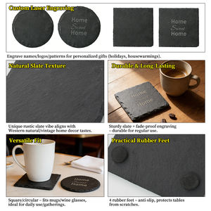 Sous-verres en <span class=keywords><strong>ardoise</strong></span> durables, noirs, résistants aux rayures, avec 4 pieds en caoutchouc, gravure au laser, sous-verre en <span class=keywords><strong>ardoise</strong></span> vierge - Product Image 2