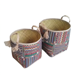 Nouvelle collection de paniers de rangement écologiques en jonc de mer, avec poignées en jute, motifs brodés faits à la main, bambou tressé, style vintage - Product Image 1